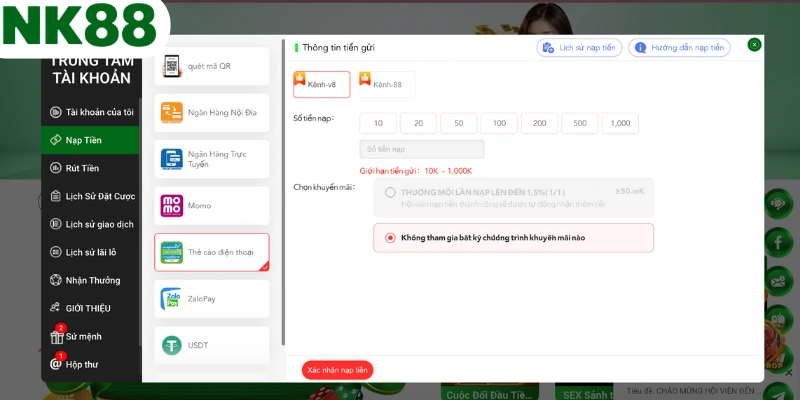 Nạp tiền NK88 với số vốn nhỏ nên chọn thẻ cào điện thoại