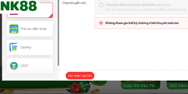 Xác nhận giao dịch nạp tiền và cá cược tại NK88